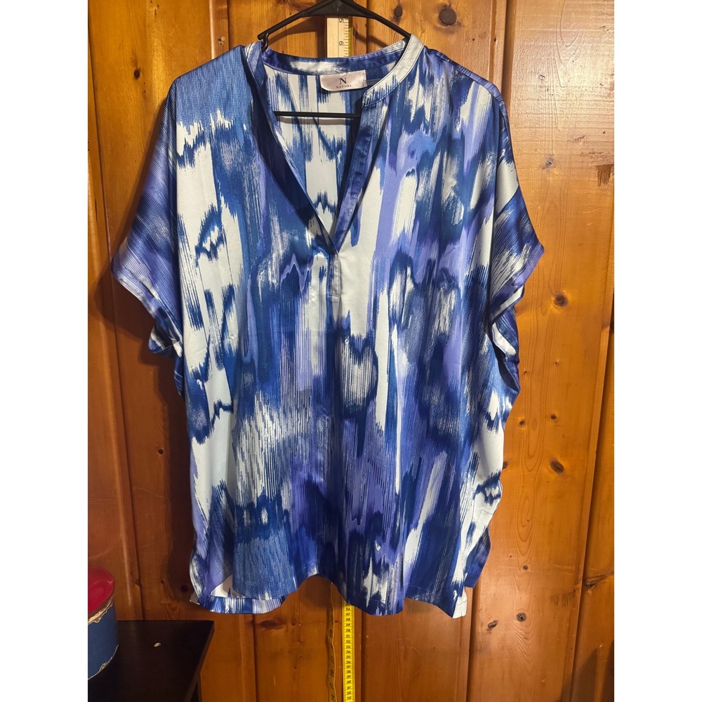 N Natori Blue White Abstract Ikat Print Satin Tunic Caftan Top Large